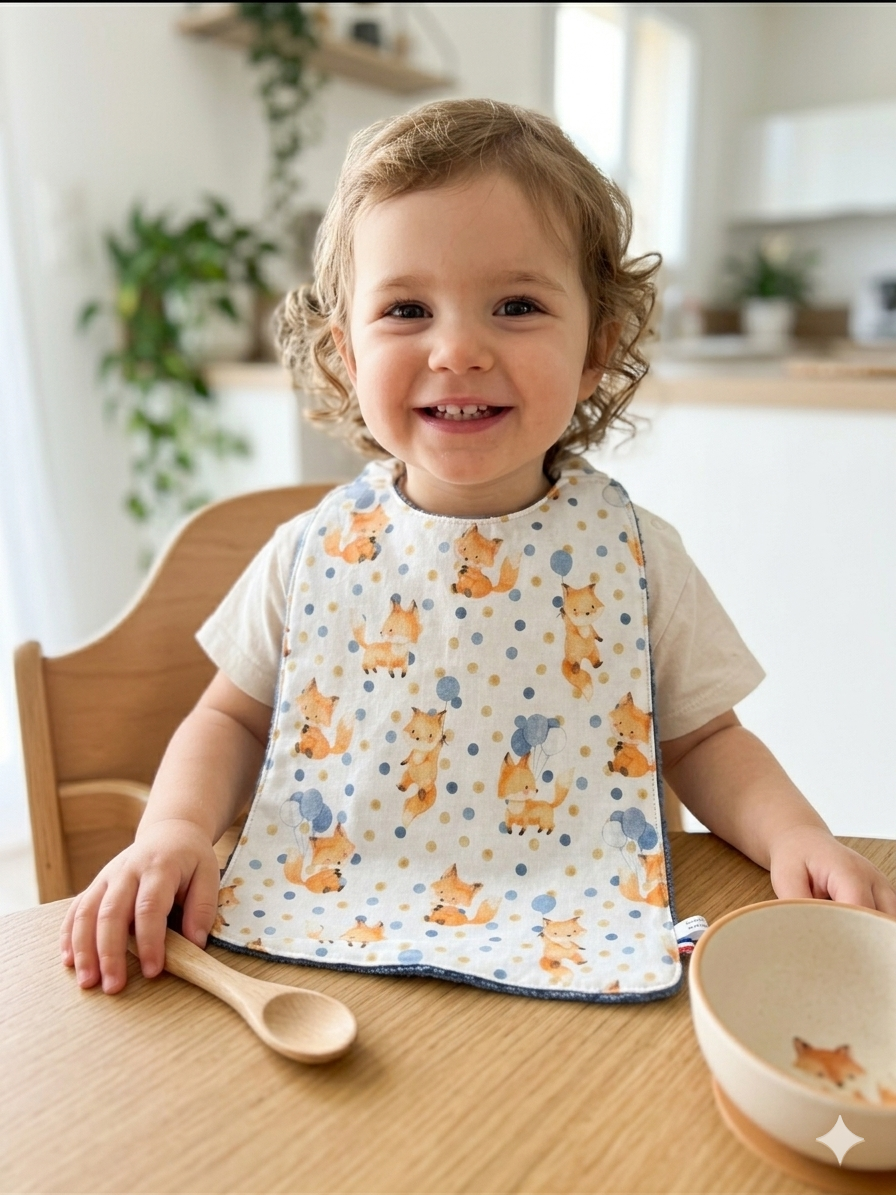 Serviette de Table Élastiquée (Style Bavoir Grand Format) – Éponge Bambou & Collection "Petits Renards"