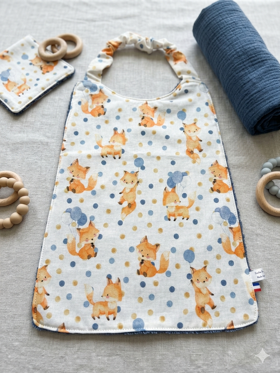 Serviette de Table Élastiquée (Style Bavoir Grand Format) – Éponge Bambou & Collection "Petits Renards"